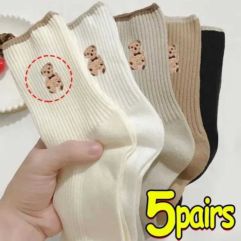 5pairs Cartoon Bear Socks Soft Cotton Socks Autumn Coffee Stockings Kawaii Women Socks Korean Casual Stockings Women Hosiery T250602