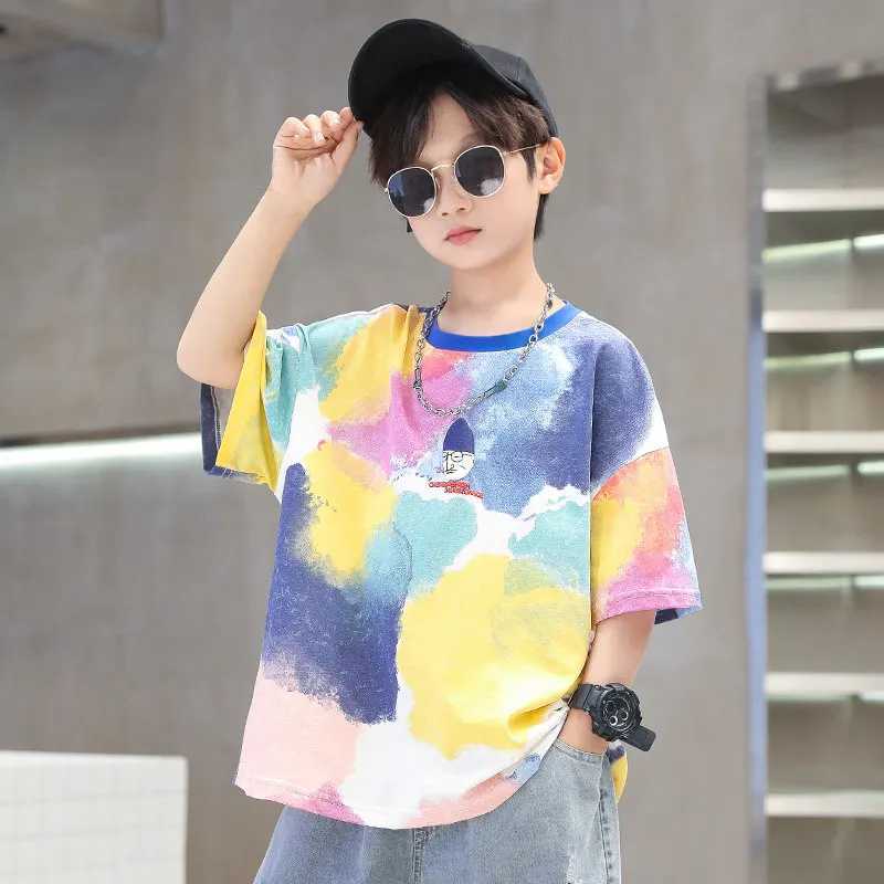 Summer Tie-Dye Cool Kids Boy Casual Tops Print Trendy Childrens T-shirt Short Sleeve Teenager Tees Cotton Tshirt 4-14 Years Old T250603