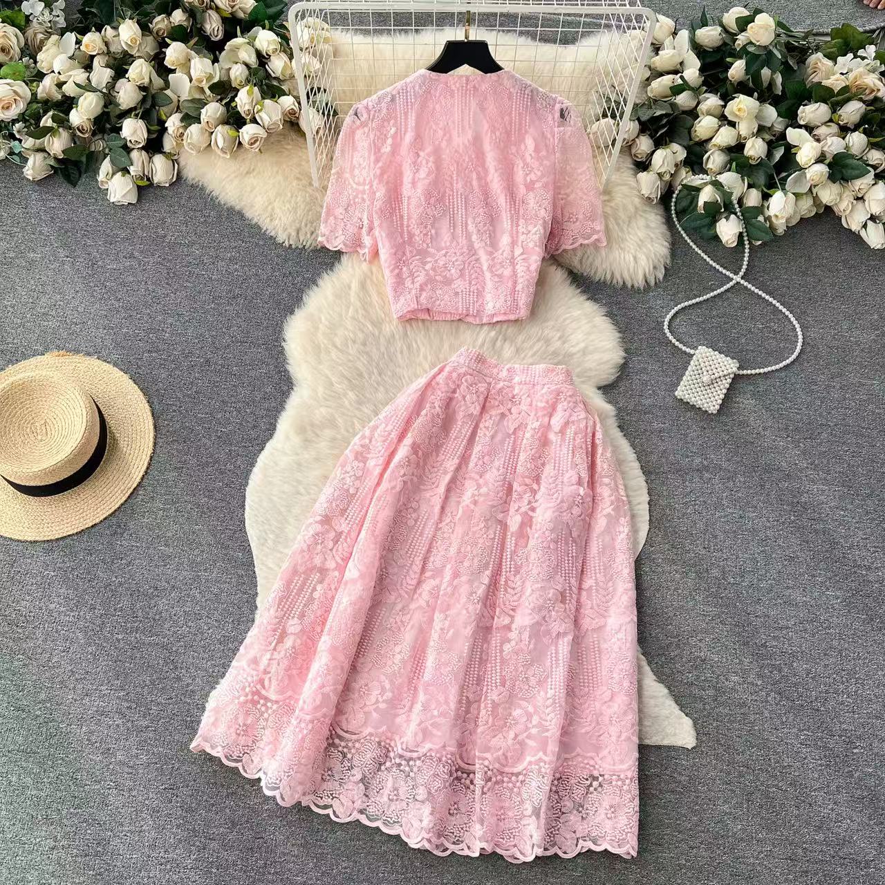 Two Piece Dress Summer Korean Small Fragrance Style Lace Set Two Piece Suit Lace Hook Flower Short Sleeve Shirt Tops Midi Skirt Women's Outfits
