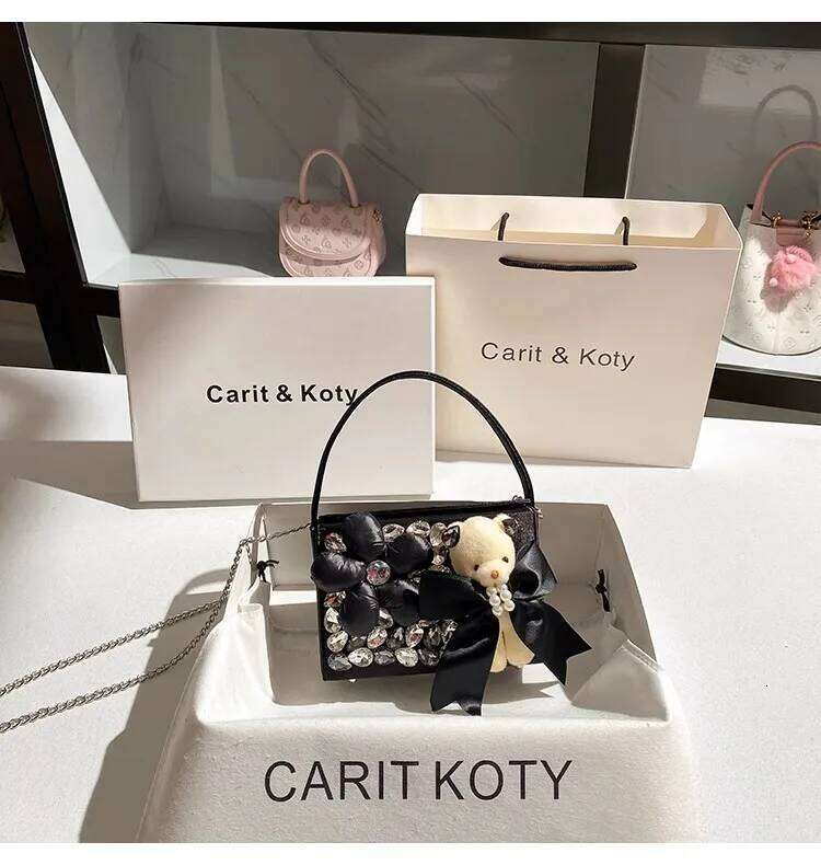 Crystal Shiny Rhinestones Dia Clutch Purse Satin Women Handbag Cute Bear Fashion Solid Floral Shoulder Crossbody Bag