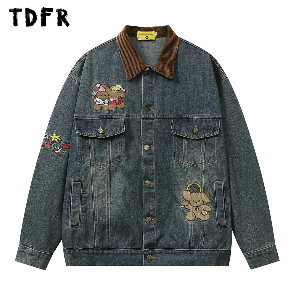 Retro Spliced Denim Jacket Mens Little Bear Embroidery Washed Distressed Streetwear Lapel Single Breasted Long Sleeve Outerwear 250529