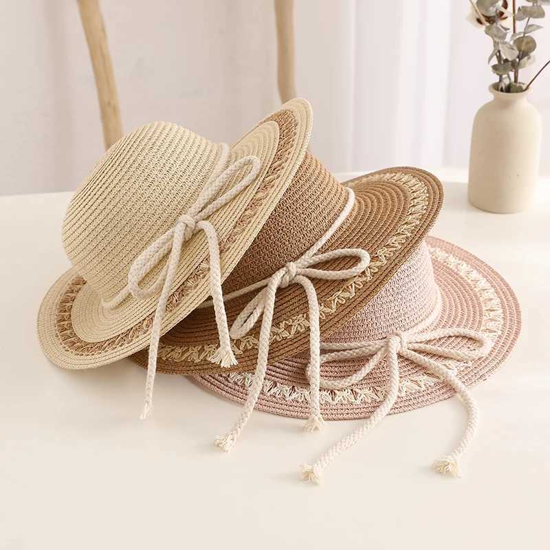 New Child Summer Sun Hat Bucket Cap Simple Beige Lace Bowknot Ribbon Flat Top Straw Hat Beach Outing Caps Panama W250602