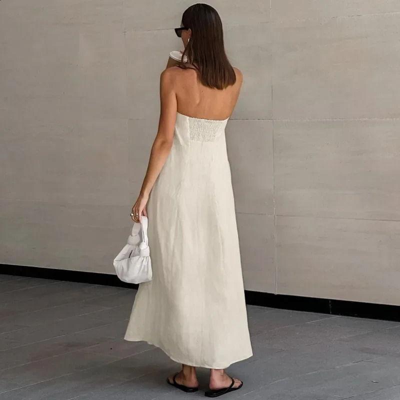 French Khaki Cotton Linen Strapless Holiday High Waisted Dress with Exposed Back Summer Long Dress for Women 250529
