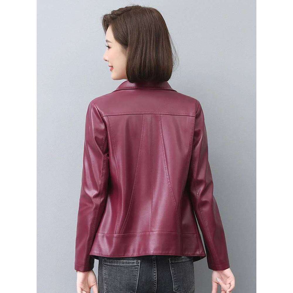 New Women Leather Jacket Autumn Winter Casual Fashion Stand Collar Plus Cotton Lining Slim Short Sheepskin Coat Spring Outerwear