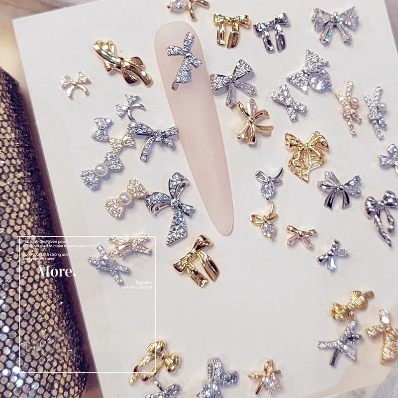 10 PCS Korean-style small bow-tie mini copper-inlaid zirconia super shiny alloy nail decoration accessories 250528