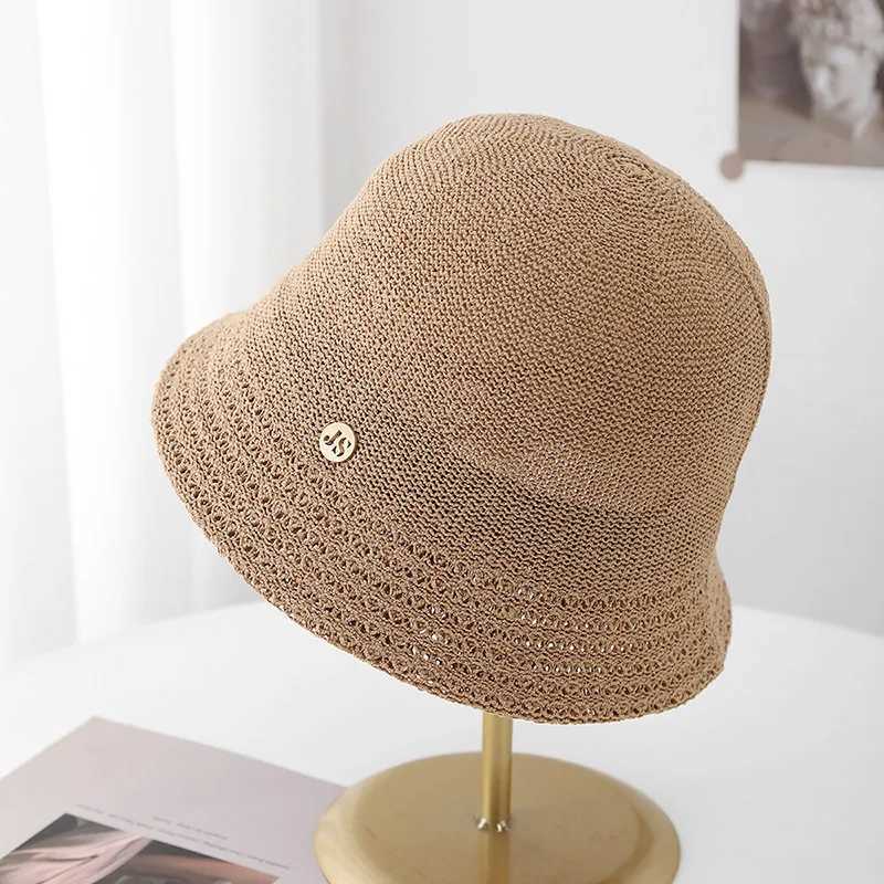 Womens Hollow Out Knitted Bucket Hat Spring Summer Sun Protection With Metal Detail Lightweight Breathable For Beach New W250602