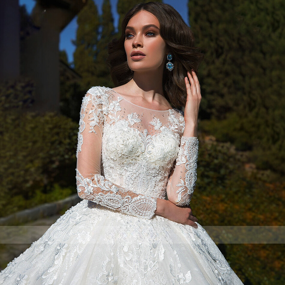 Luxury A-Line Wedding Dresses for Women Long Sleeve Brides Robe Ball Gown Boutique Bride Female Lace Applique Formal Customized