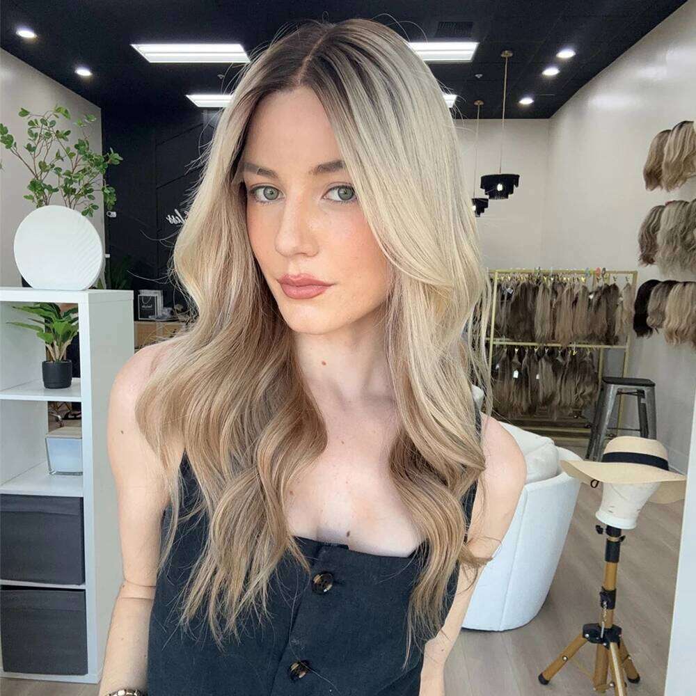 Baby Blonde Balayage Rooty Wavy Classic Long Hairstyle Human Hair Blend HD Invisible Lace Front 13x4 Free Part 26" Wig