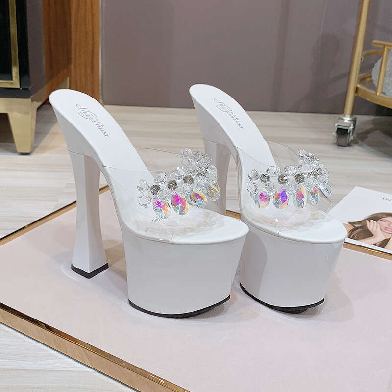 Super High Heels Super 17Cm Chunky Heel Summer Women's Waterproof Platform Transparent Pearl Sexy Fairy Slippers Outdoor High Heels Platform High