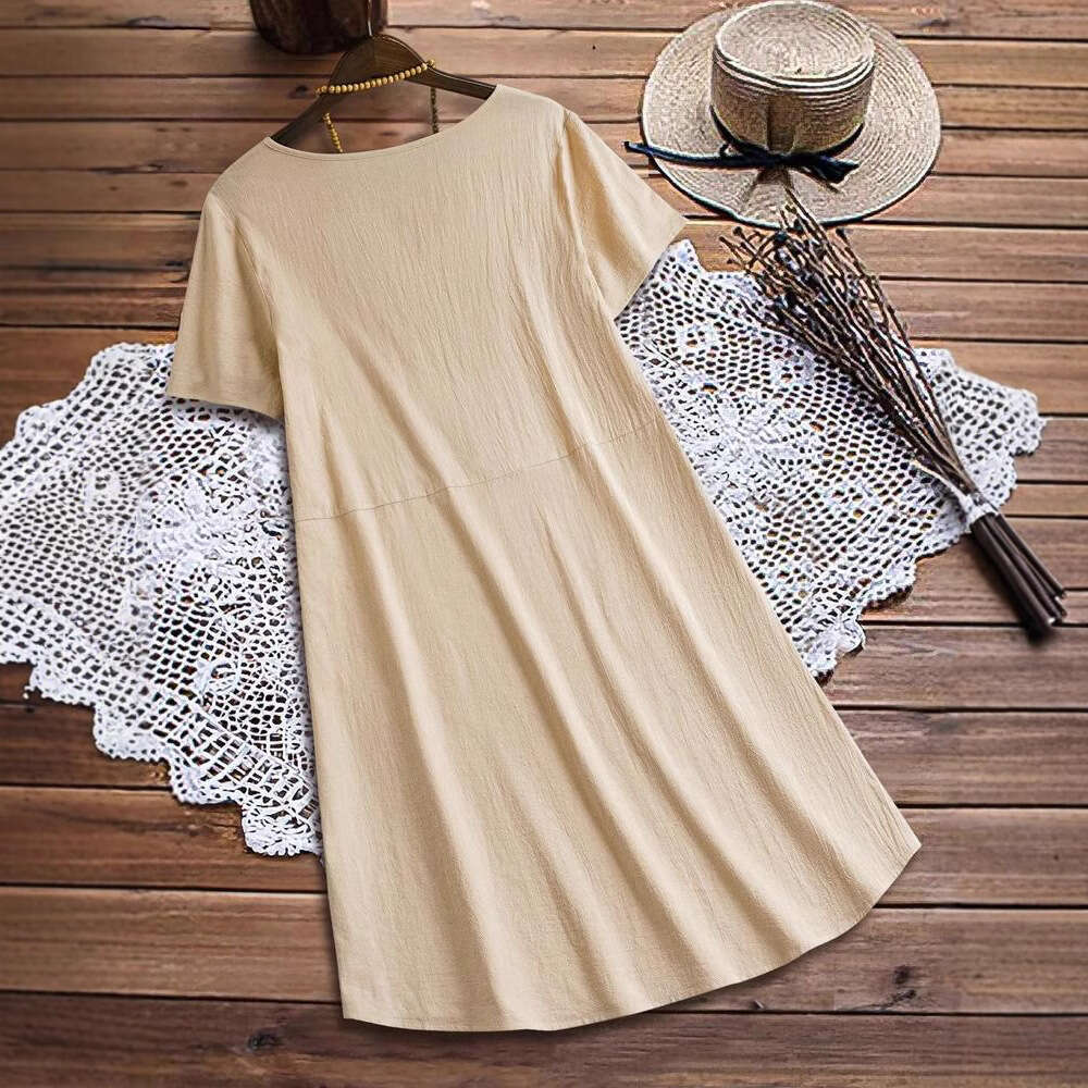 Spring Summer Loose Pocket Solid Color Round Neck Women's Cotton Linen Dress B5 b6