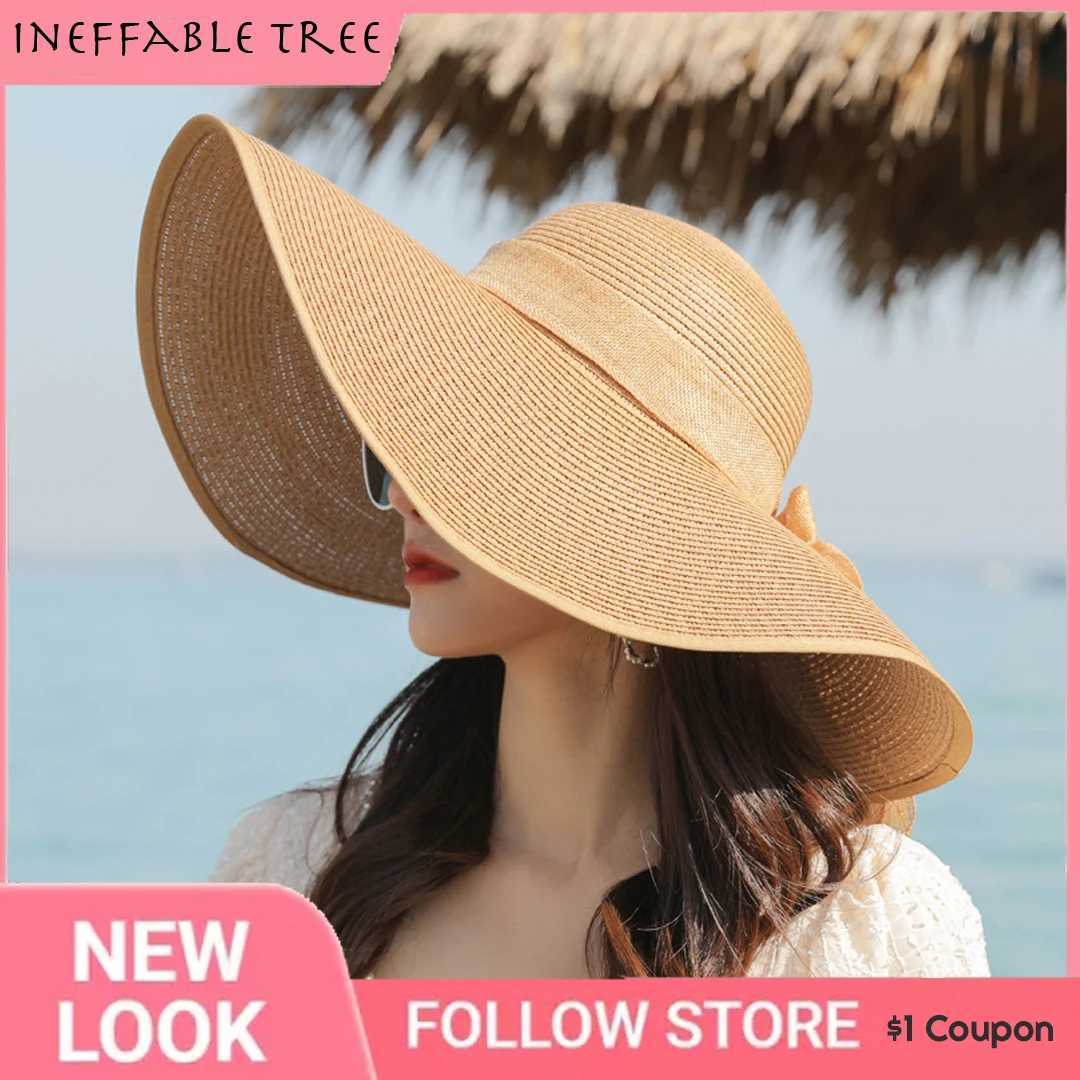 INS Handmade Weave Bow Sun Hats for Women 2023 Black Ribbon Large Brim Straw Hat Outdoor Beach Summer Caps Gorras Hombre W250602