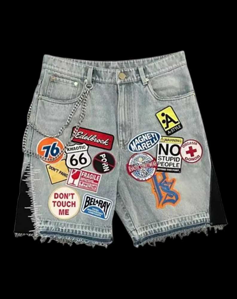 Vintage Patchwork Denim Shorts Y2K Jeans Mens Womens Harajuku Hip Hop Cartoon Embroidery Retro Baggy Shorts Casual Shorts T250603