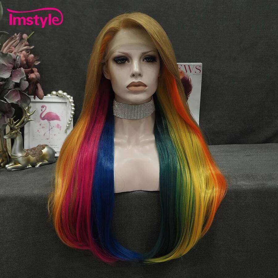 Imstyle Tinsel Rainbow Synthetic Lace Front Long Straight Hair Multicolor Wigs For Women Party Colorful Wig