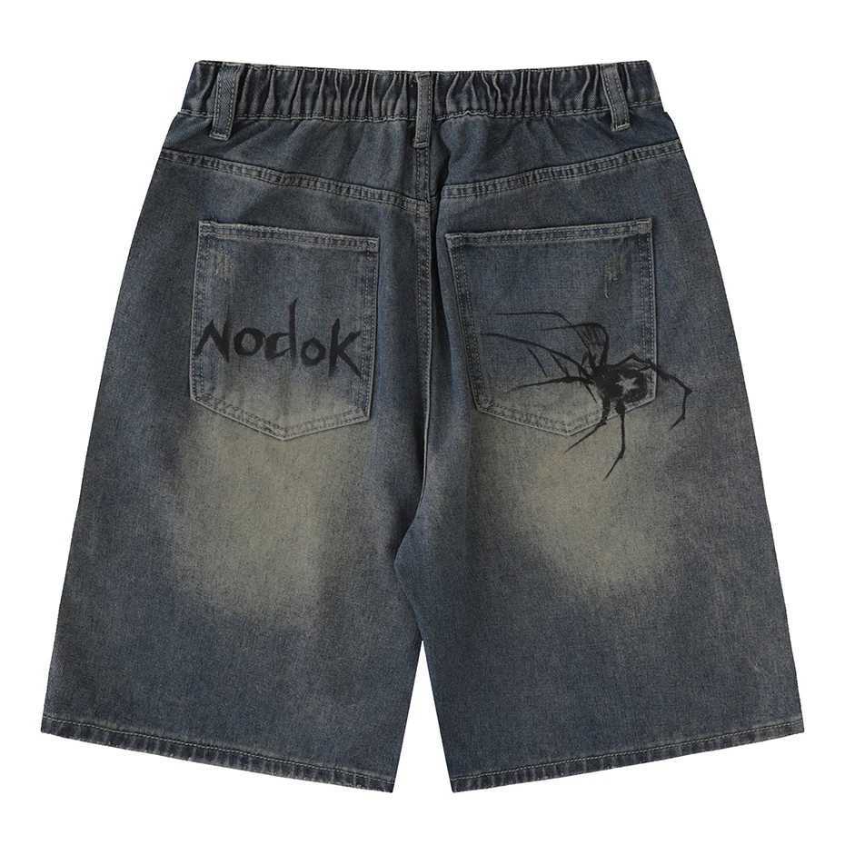 Y2K Blue Denim Shorts Spider Cobweb Printed Summer Loose Casual Jeans Shorts Fashion Harajuku Hip Hop Streetwear Shorts for Men T250603
