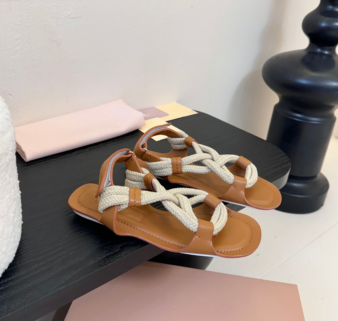 Designer Cord And Leather Sandals Women Shoes Knot Detail Two-tone Cord Upper Rubber Sole Summer Sandals Size 35-41