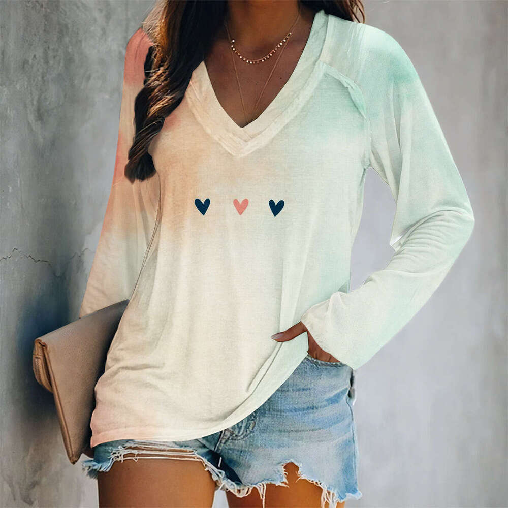 25 Year Valentine's Day Hot Spring Digital Print V-neck Long Sleeve Loose Women's T-shirt Wholesale New Casual Versatile Fashion Clothing