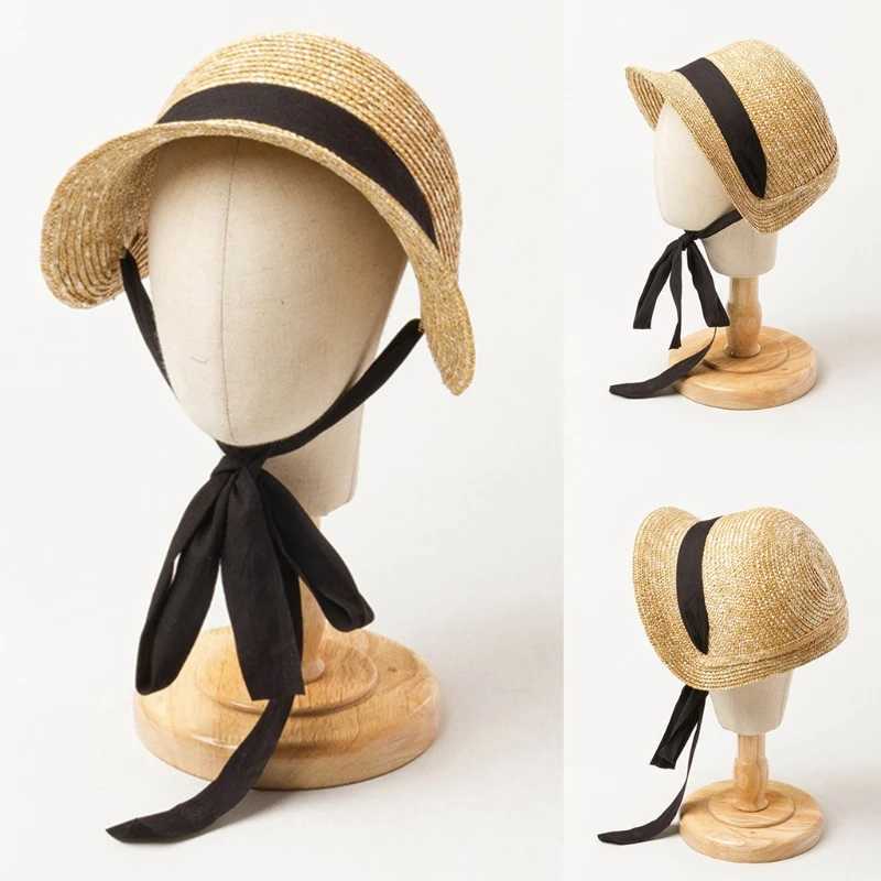 Sun Hat 53cm Head Circumference for Children Outdoor Chin Straps Adjustable Straw Hat Girls Raffia Sun Cap Summer Beach Seashore W250602