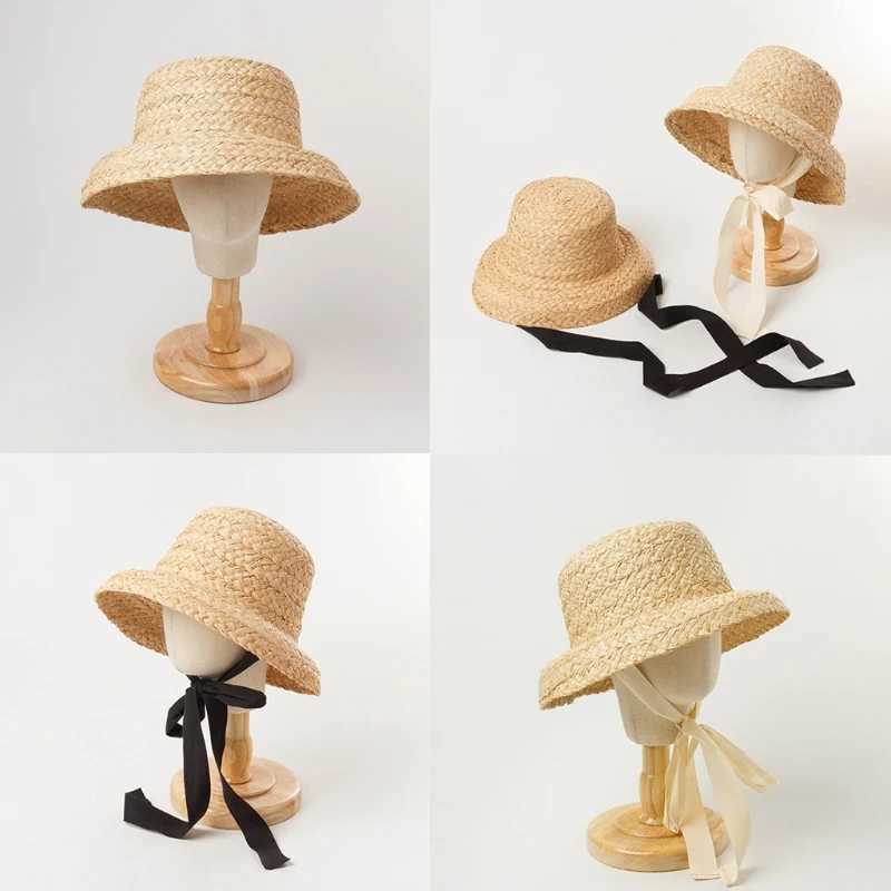 Sun Hat 53cm Head Circumference for Children Outdoor Chin Straps Adjustable Straw Hat Girls Raffia Sun Cap Summer Beach Seashore W250602
