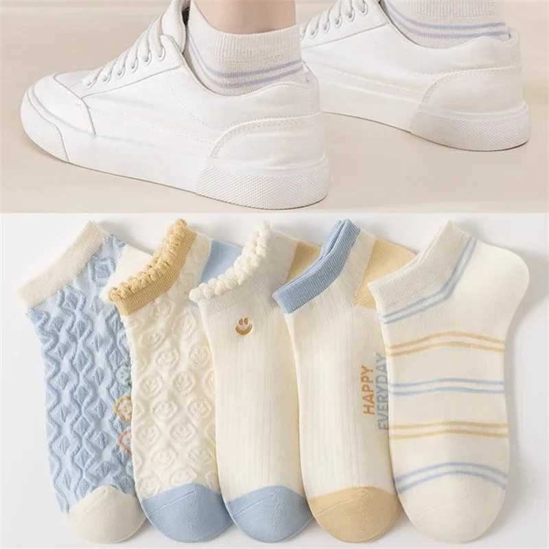 5Pairs/Pack Ankle Socks Summer White Socks Cartoon Smile Face Print Casual Short Socks Women Socks T250602