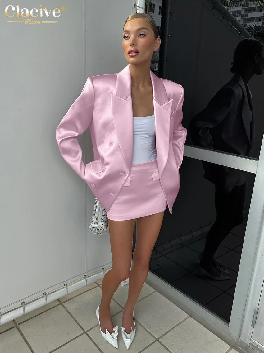 Clacive Fashion Loose Pink Satin 2 Piece Sets Women Outfit Elegant Long Sleeve Blazer With Mid Waist Mini Skirts Set Female 250530