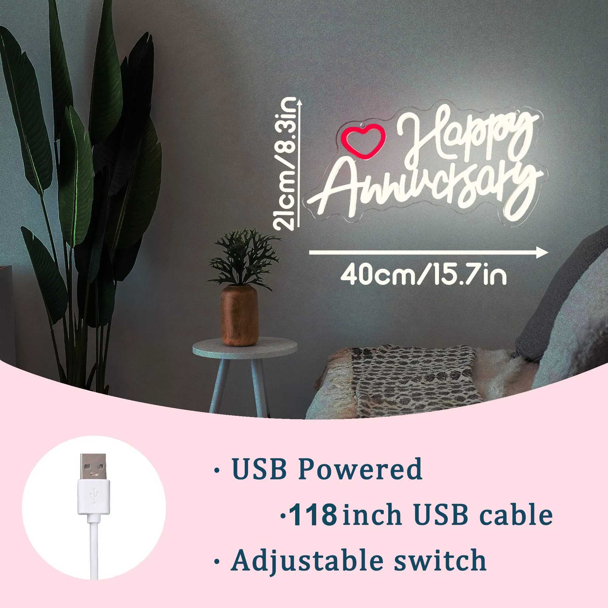 Happy Anniversary Neon Sign for Wall Decor Anniversary Shaped USB Powered LED Neon Light Sign for Wedding Party Birthday Decor XJ250602