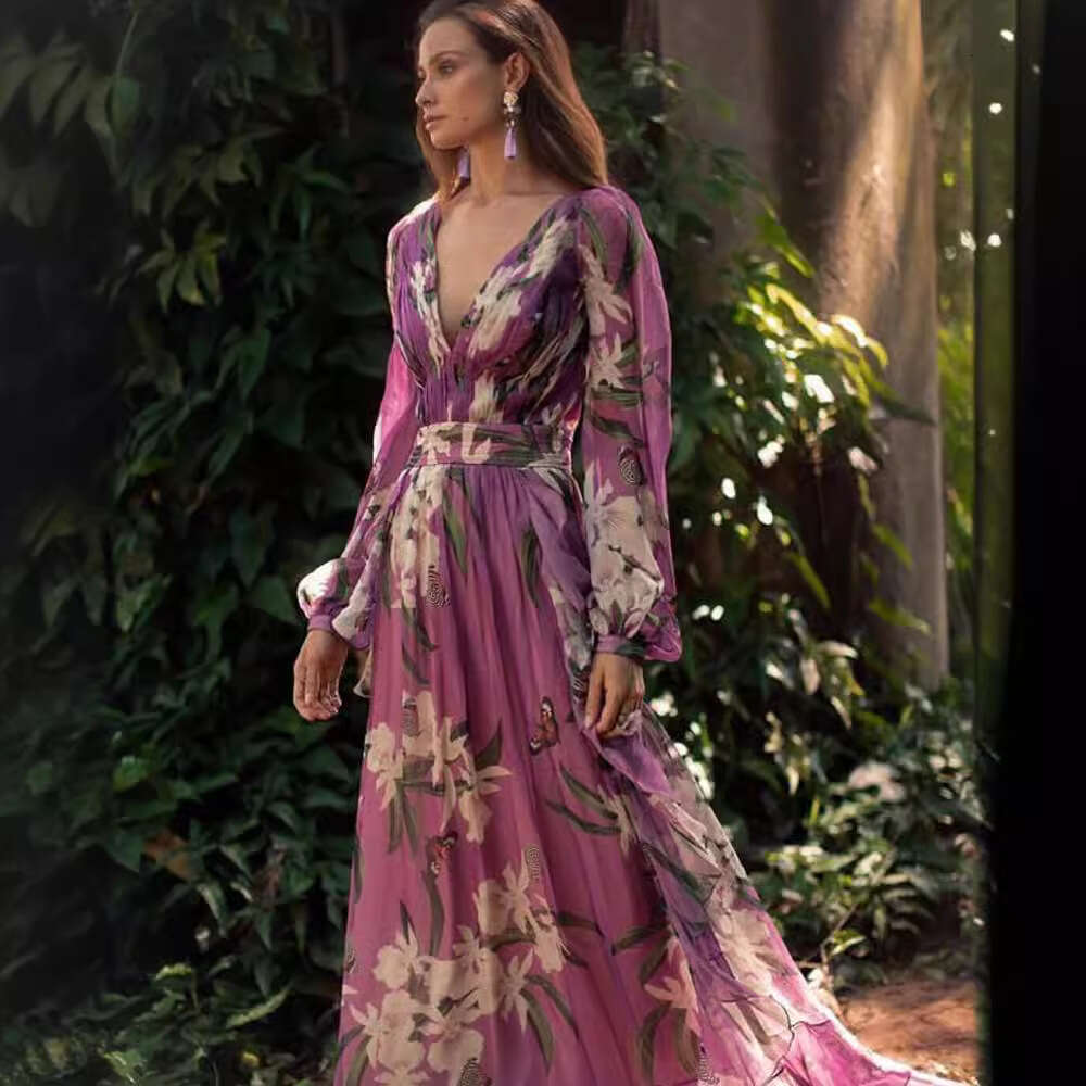 Summer New Printed Women's V-Neck Sleeve Flared Long Dress For Women B5