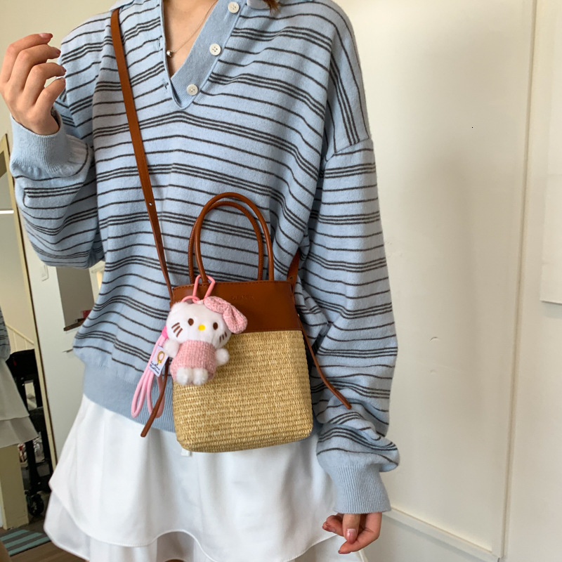 designer Summer Straw Beach Bag 2025 New Patchwork Handbag Niche Design Retro Color Block Bucket Bag Crossbody Bag