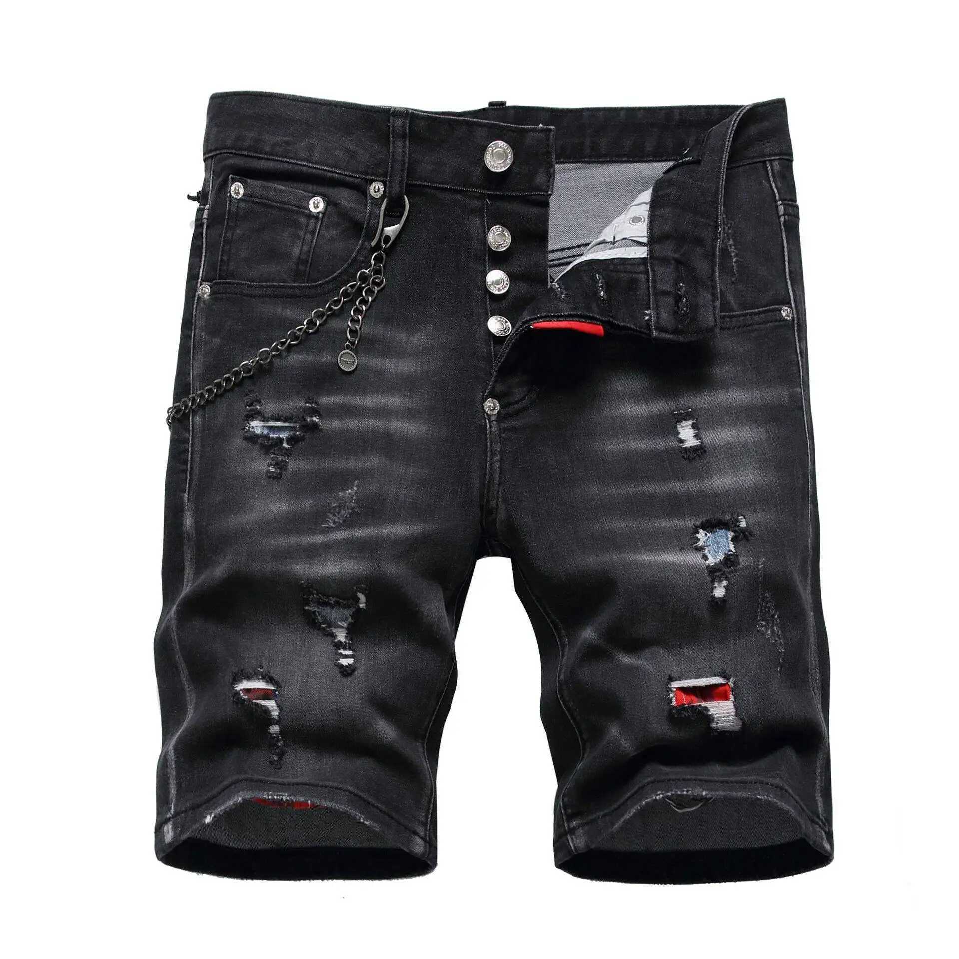 Summer New Thin Denim Shorts Straight Slim Fit Casual Fashion Brand Five Point Perforated Middle Pants Dsd Mens T250603