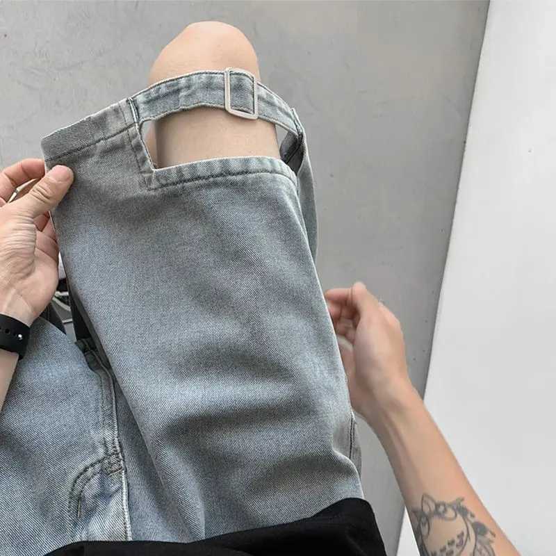 Baggy Male Denim Shorts Half Retro Blue Ripped Mens Short Jeans Pants Harajuku Popular Vintage Summer Buttons XL Emo Thin Jorts T250603