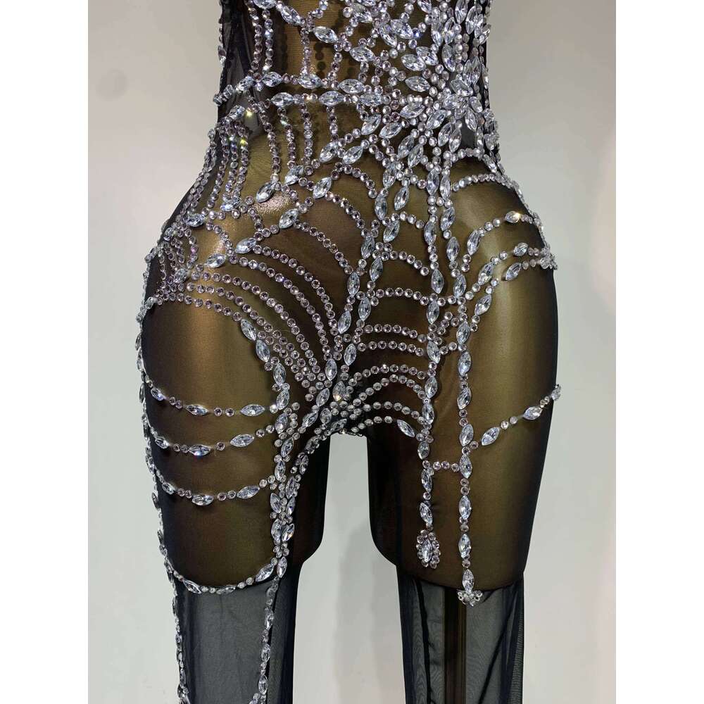STOCK Sparkly Dia Women Sexy Mesh Jumpsuit Nightclub Bar Party Show Gogo Dancer Clothing Drag Queen Outfit Stage Costume