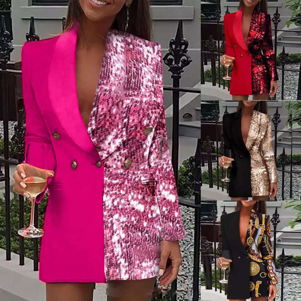 New Two-Tone Patchwork Printed Blazer Sexy Deep V Casual Party Dress B5
