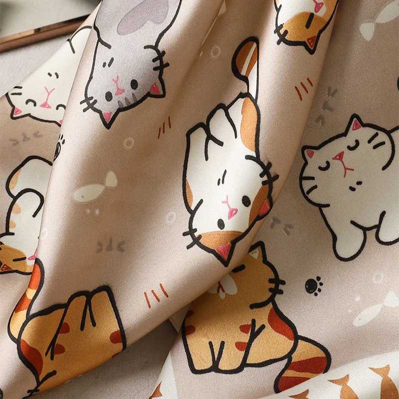 2024 Design Fashion Square Silk Scarf Women Hairband Cat Printed Small Satin Shawls Foulard Neckerchief Female Headbands Bandana W250602