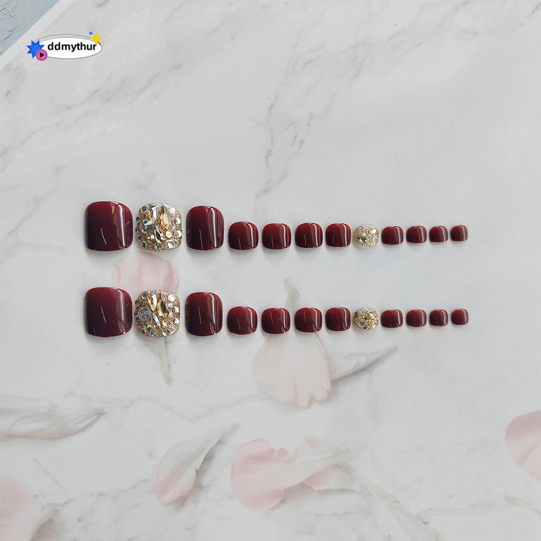 J-8 Cherry Rhinestone Wearable Nails Detachable Art Finished Flashing Handmade UV Gel Fake Toe Nail Stickers ddmythur