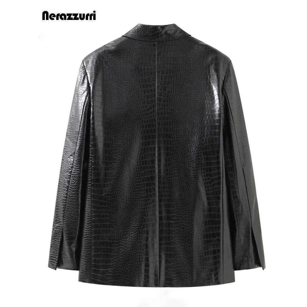 Nerazzurri Spring Black Reflective Crocodile Print Leather Blazer Jacket for Women Long Sleeve Soft Loose Casual Korean Fashion