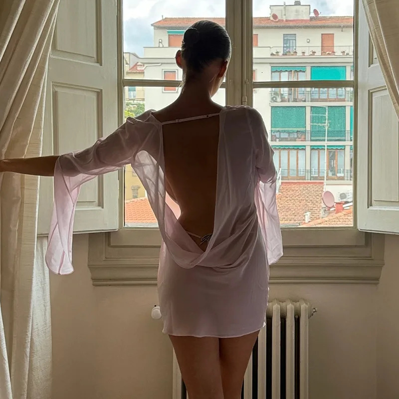 Gtpdpllt Perspective Womens Dress Summer Long Sleeve Swinging Collar Chiffon Backless Sexy Party Dresses Clubwear Outfits 250603