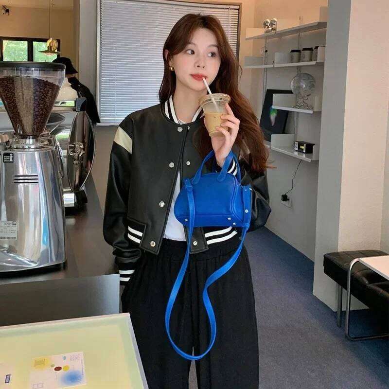 Black And White Color Block Loose Fit Bike Jacket For Women New 2024 Spring Autumn Casual American Style Leather Clip-On J