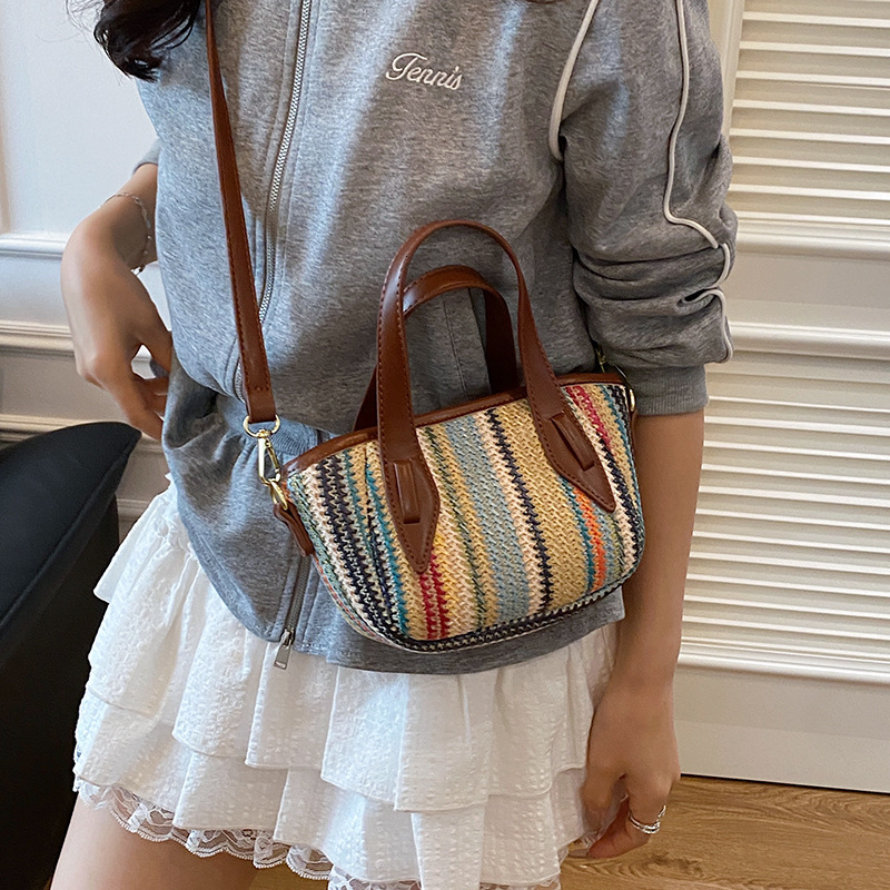 designer Summer Rainbow Striped Straw Bag for Women New Fashion Commuter Shoulder Bag Woven Beach Vacation Bucket Bag