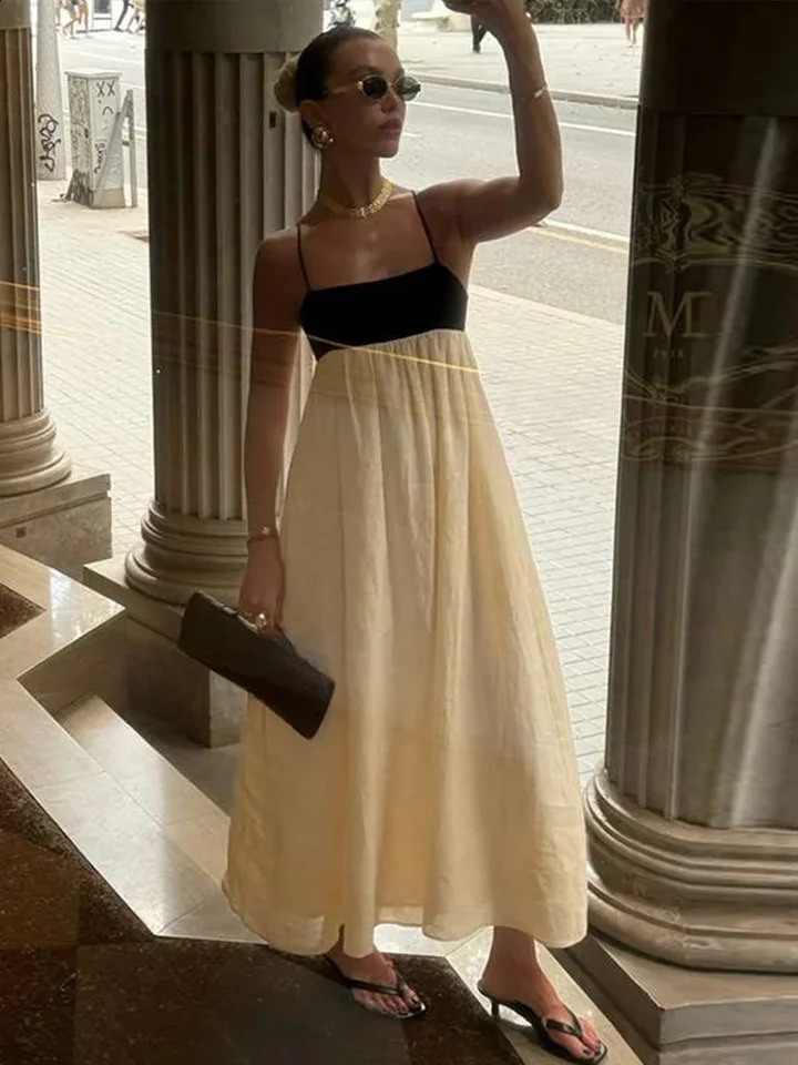 Black White Patchwork Slip Dresses Pleated Loose Color Contrast French Sexy Women Linen Suspender Long Dress Fashion Maxi Robes 250529