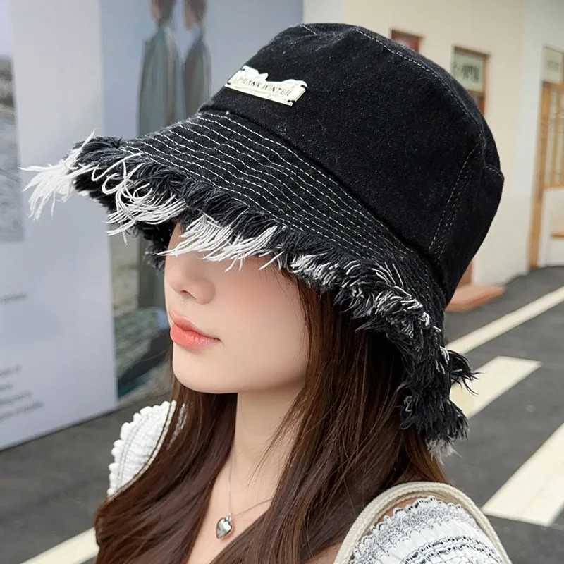 Unisex Tassel Distressed Denim Bucket Hats for Women Wide Brim Foldable Panama Cap Perfect for Outdoor Beach Fishermans Hat W250602