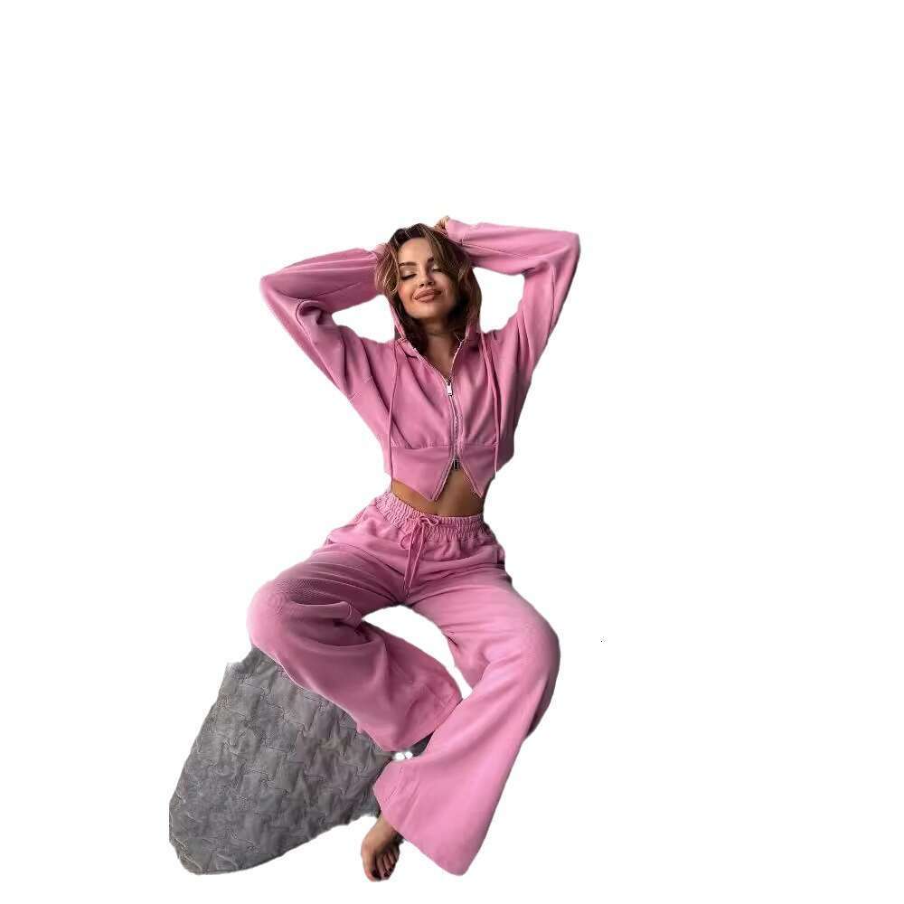 American Style Solid Color Simple Zipper Long Sleeve Hoodie Set High-End Low Waist Drawstring Elastic Sweatpants Women B5