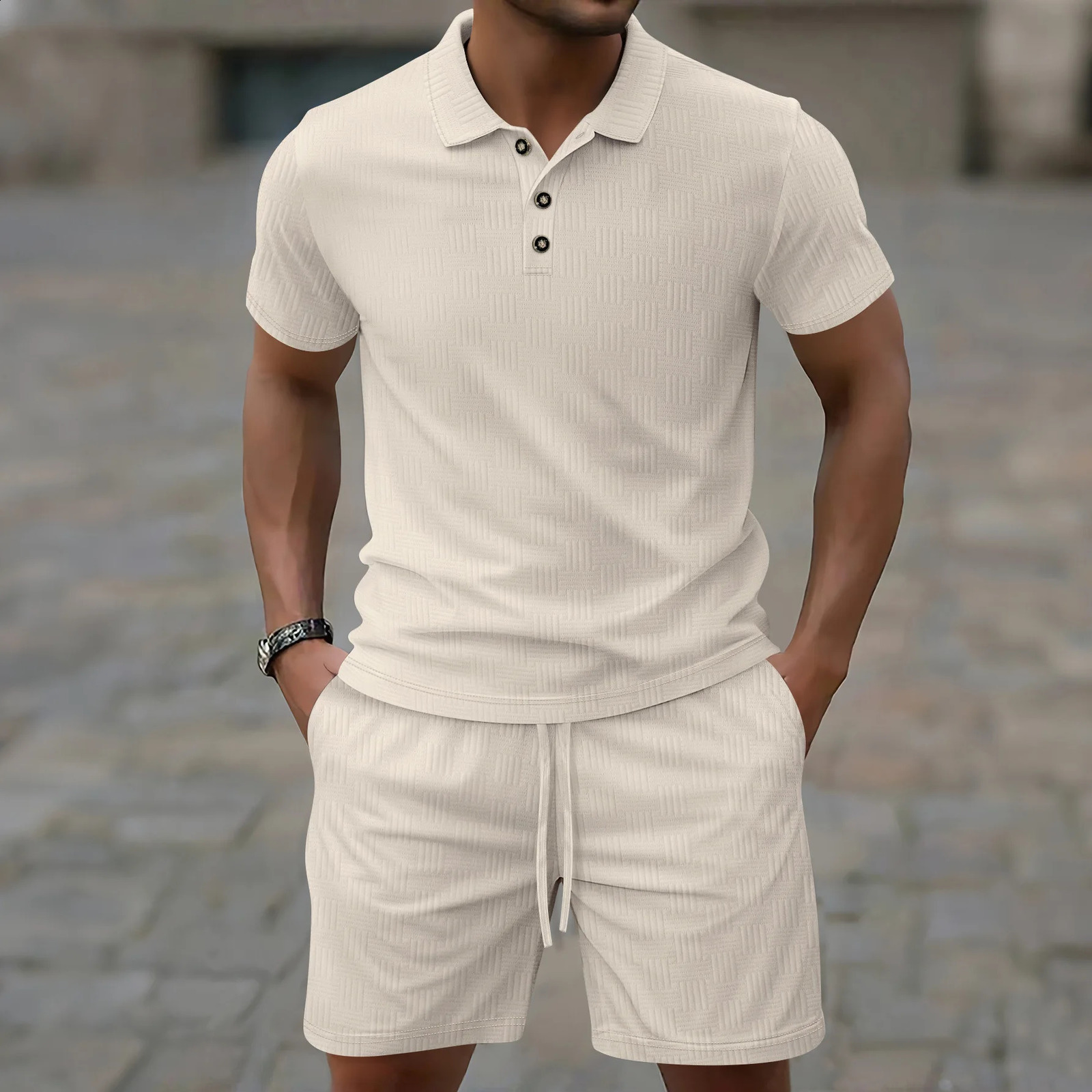 Summer Mens Suit Solid Color Threaded corduroy Short Sleeve Lapel Top Jacquard polo shirt Drawstring Shorts 250530