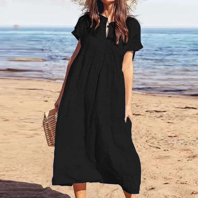 Summer Temu New Solid Color V-Neck Short Sleeve Loose Casual Long Cotton Linen Dress For Women B5