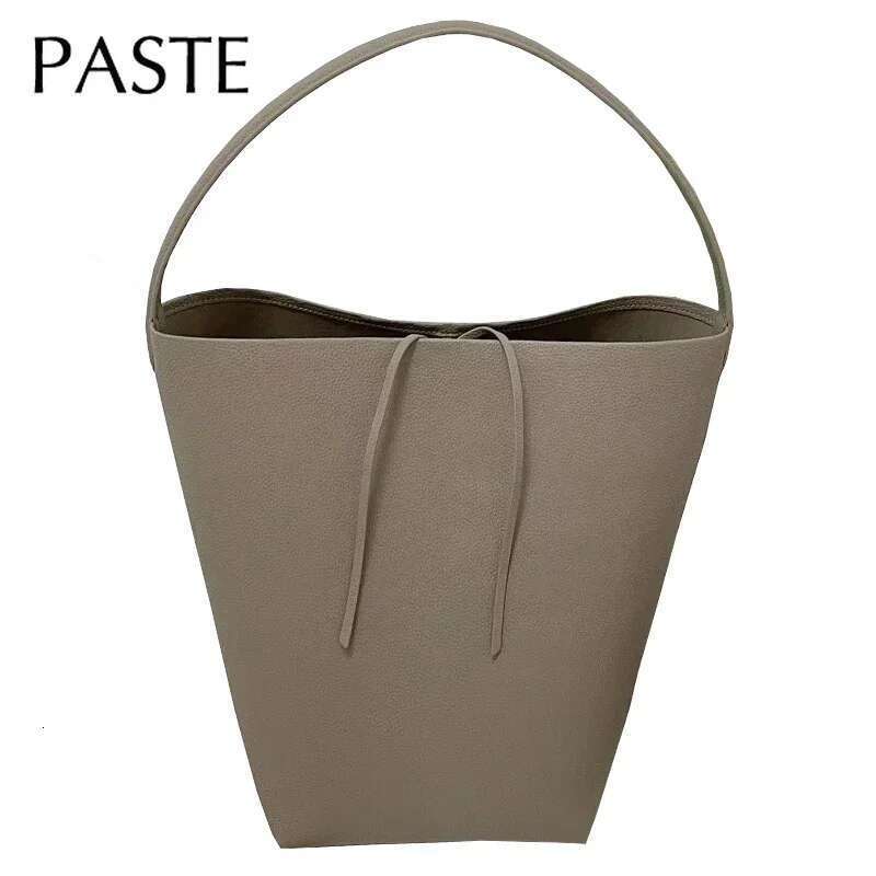 Simple Minimalist-Style Grey Black Bucket Tote 4 Sizes No Genuine Cow Leather Women Handbag Armpit Shoulder Bag