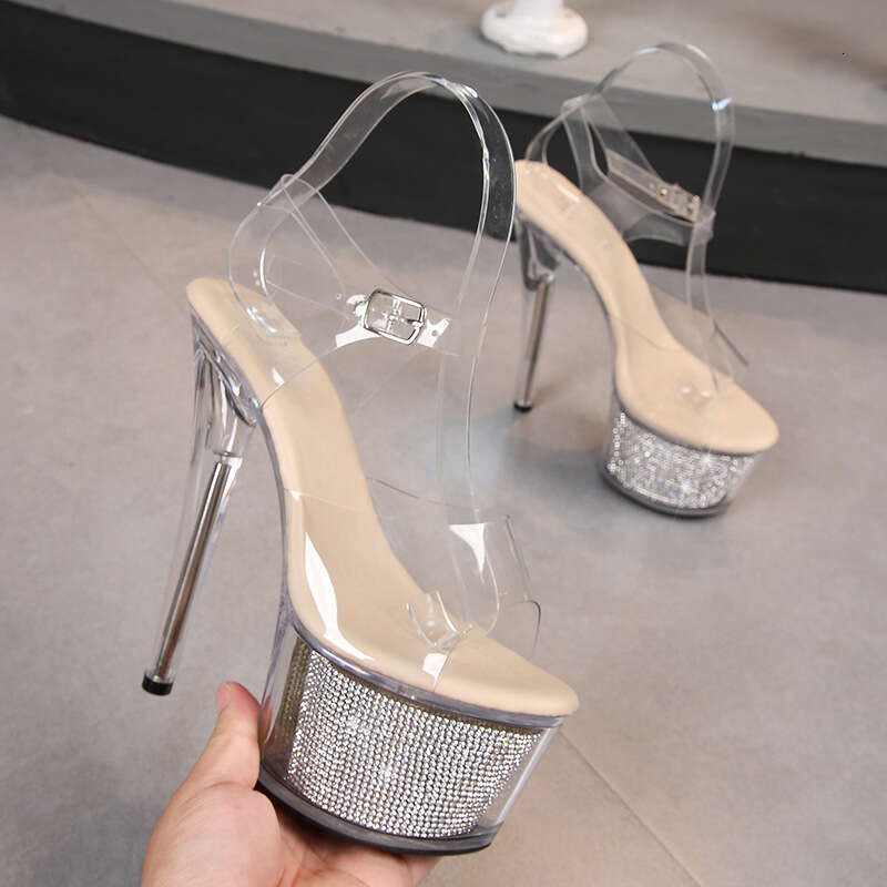 Super High Heels 17Cm Super High Sandals With Thick Platform, Waterproof Transparent Crystal Heel, One-Strap Thin Heel Stage Shoes For Women Platform 