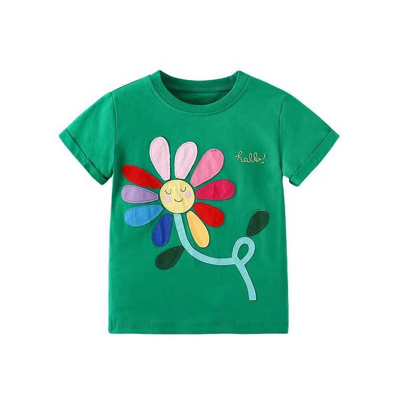 Jumping Meters 2-7T Floral Applique Summer Girls T Shirts Short Sleeve Kids Tees Tops Baby Costume Childrens Clothes Shirts T250603
