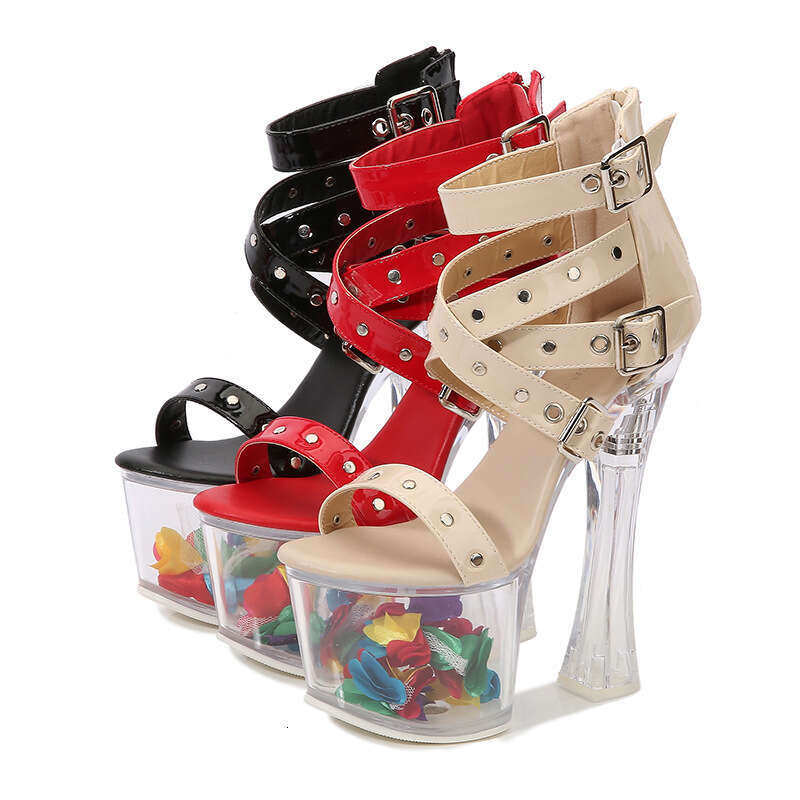 Super High Heels Rivet Back Strap Roman Sandals Transparent High 17Cm Chunky Heel Summer Thick Sole Waterproof Platform Platform High Heels