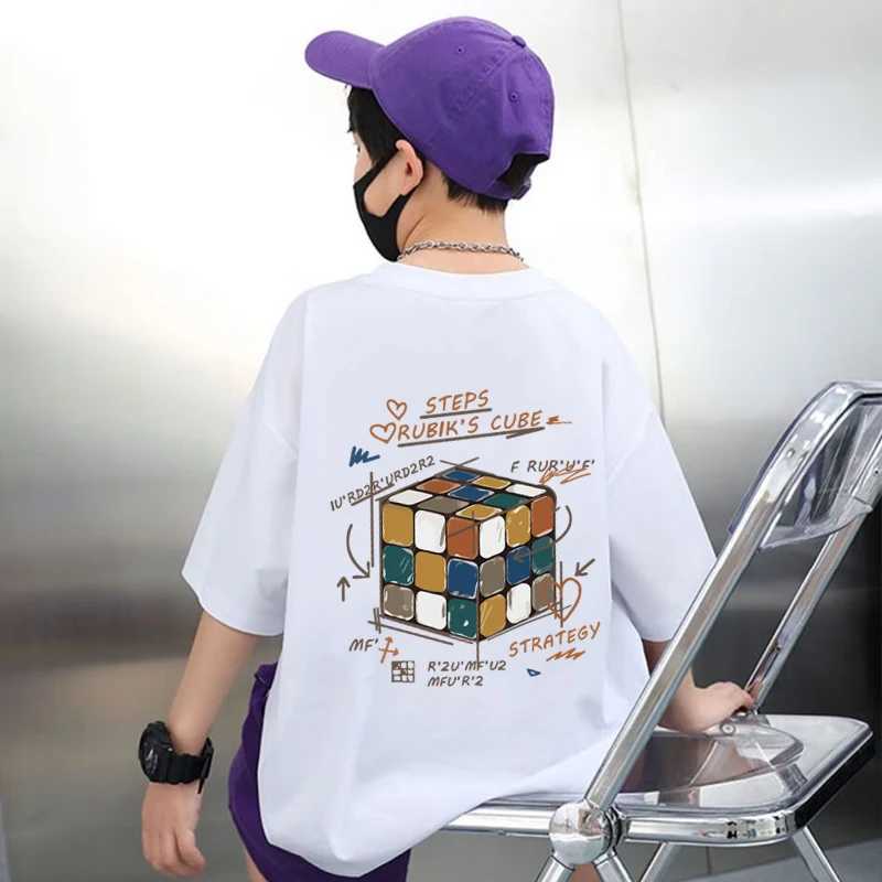 Korean Childrens Clothes 2025 Rubik Cube Graphic T Shirts Boys Summer 100% Cotton Short-sleeved T-shirt Tops Kids Clothes 7-13Y T250603