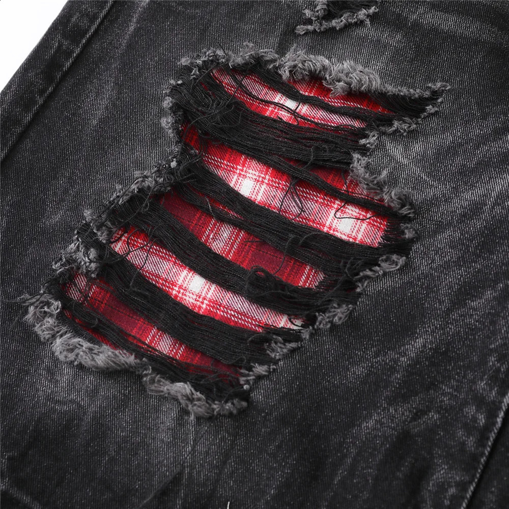 Mens Ripped Denim Shorts Summer Vintage Distressed Hole Cropped Pant Harajuku Streetwear Cargo Short Pants Y2K Black 250529