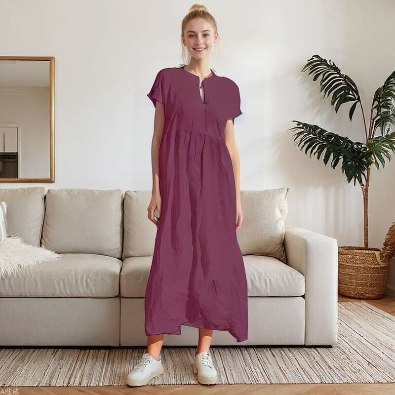 Summer Temu New Solid Color V-Neck Short Sleeve Loose Casual Long Cotton Linen Dress For Women B5