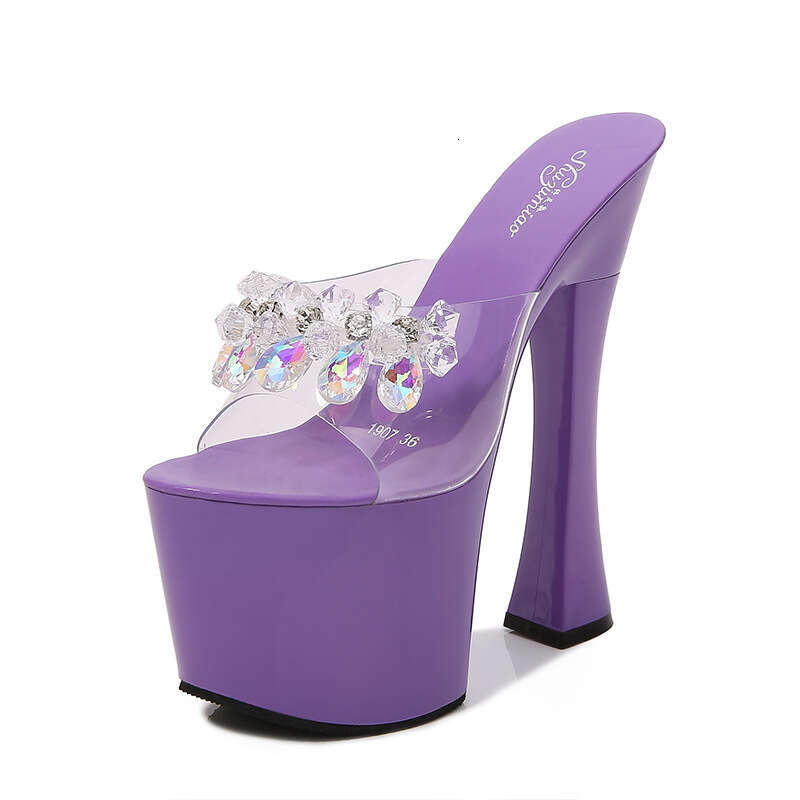 Super High Heels Super 17Cm Chunky Heel Summer Women's Waterproof Platform Transparent Pearl Sexy Fairy Slippers Outdoor High Heels Platform High